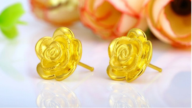 

August New 24K Yellow Gold Rose Flower Stud Earrings 12mm 1.8g