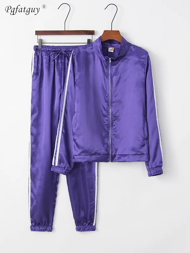 2 Piece set 2019 Summer Women's Side Striped Jacket+Elastic Waist Pant Sets Women Fashion Black Green Purple Jacket Suits |
