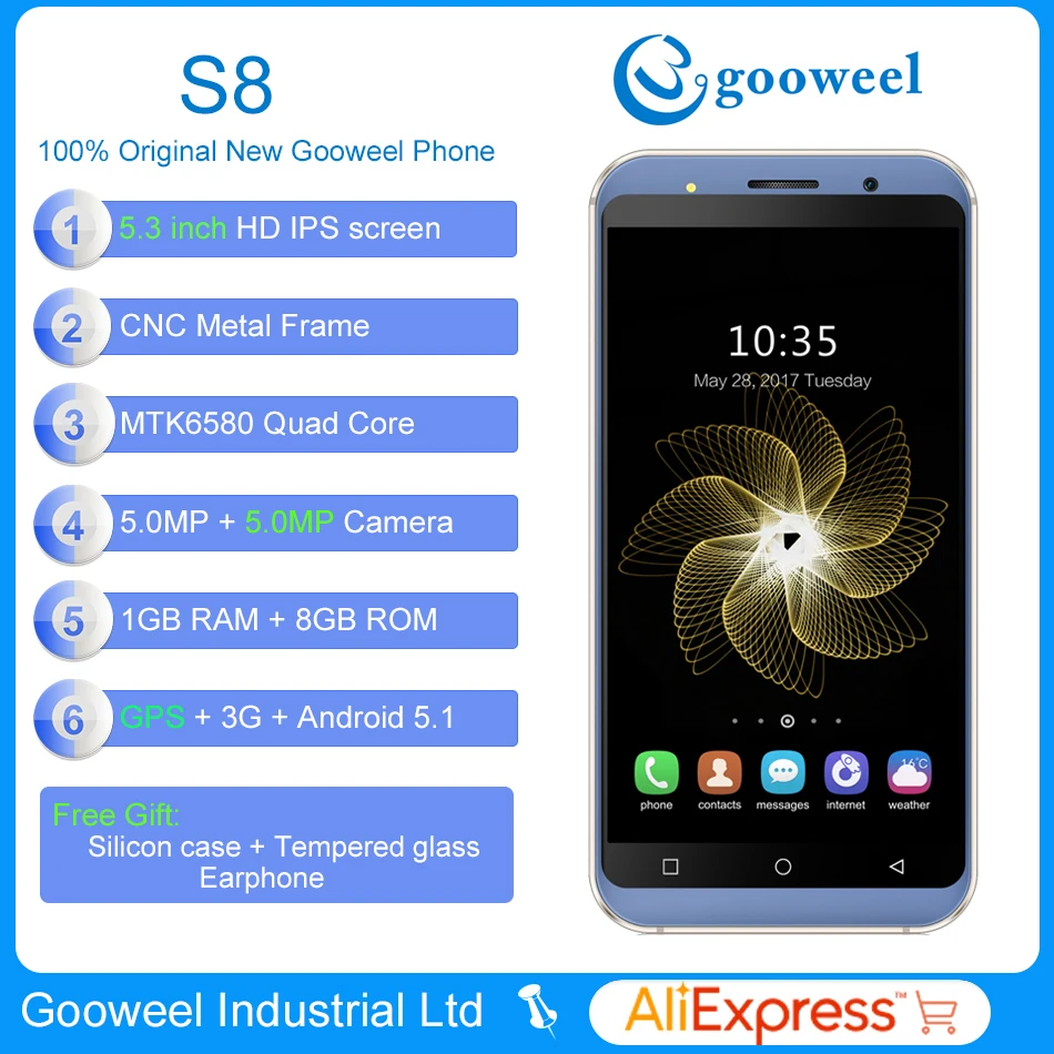 Gooweel S8 смартфон 5 3 дюймов HD Экран Quad core gps 3g мобильный телефон + 8 ГБ карты памяти