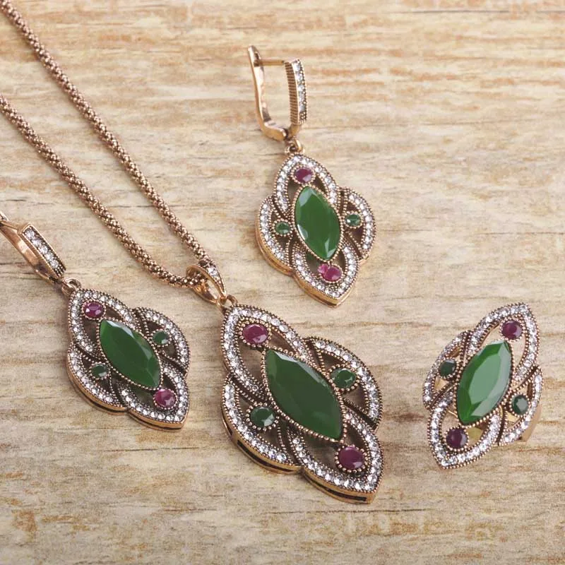 green gold Blucome Турецкая подвеска, ожерелье, серьги, кольцо, ювелирный набор, цветок, кристалл, смола, для женщин, для банкета, вечерние, Femme, украшения, бижутерия - Окраска металла: green gold