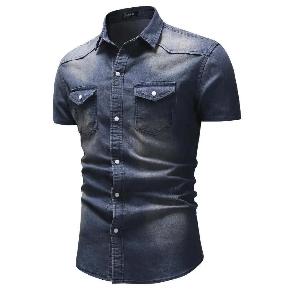Jeans Men Shirts Casual Denim Shirt for Short sleeve Dress Blouse Slim fit Blue Gray | Мужская одежда