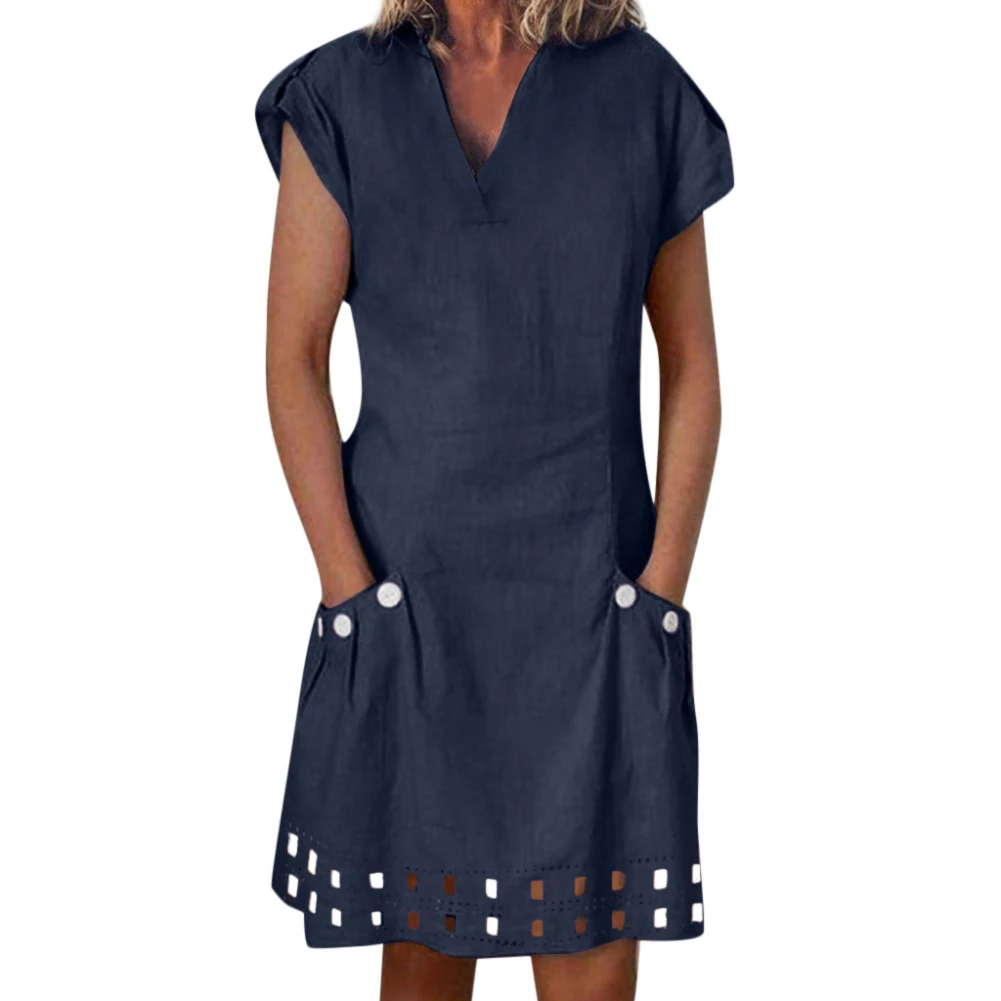 Модное летнее женское однотонное платье с коротким рукавом сарафан v-образным