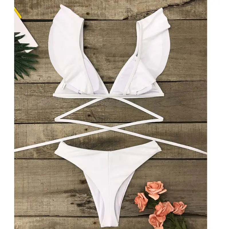 Женский сексуальный комплект из двух предметов, оборка с тесьмой, плечевой ремень, v-образный вырез, перекрестный ремешок, бандаж, бохо, цветочный принт ананаса, купальный костюм