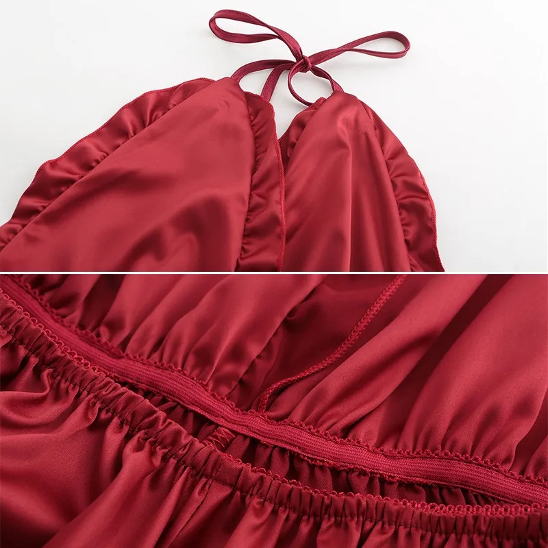 

Sexy Simulation Silk Ruffles Deep V Neck Nightgown Backless Crossback Sling Dress Summer Lady Ruffle Sleepdress Nightwear