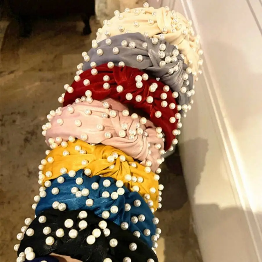 

HOT Women's Chic Tie Knot Headband Pearl Hairband Cross Fabric Vintage Style Wide Hair Bands Hoop Accessories Girls Hair Loop