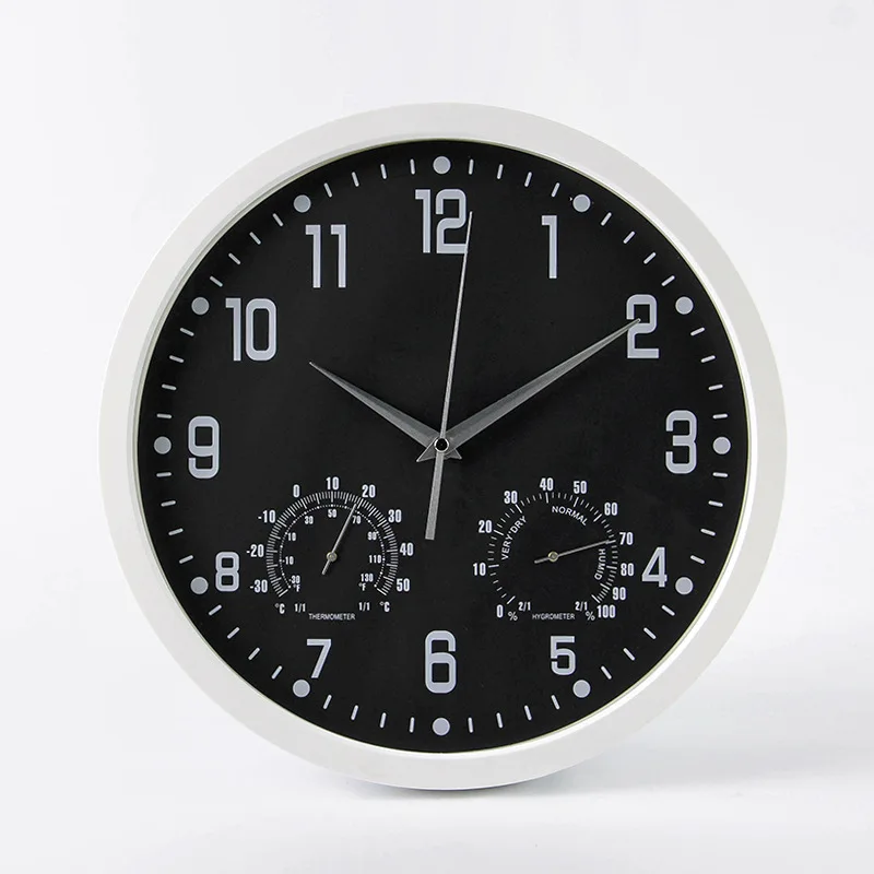 Black Dial-White 14 дюймовые бесшумные кварцевые настенные часы с термометром гигрометром, бесшумные механические настенные часы, современный дизайн - Цвет: Black Dial-White