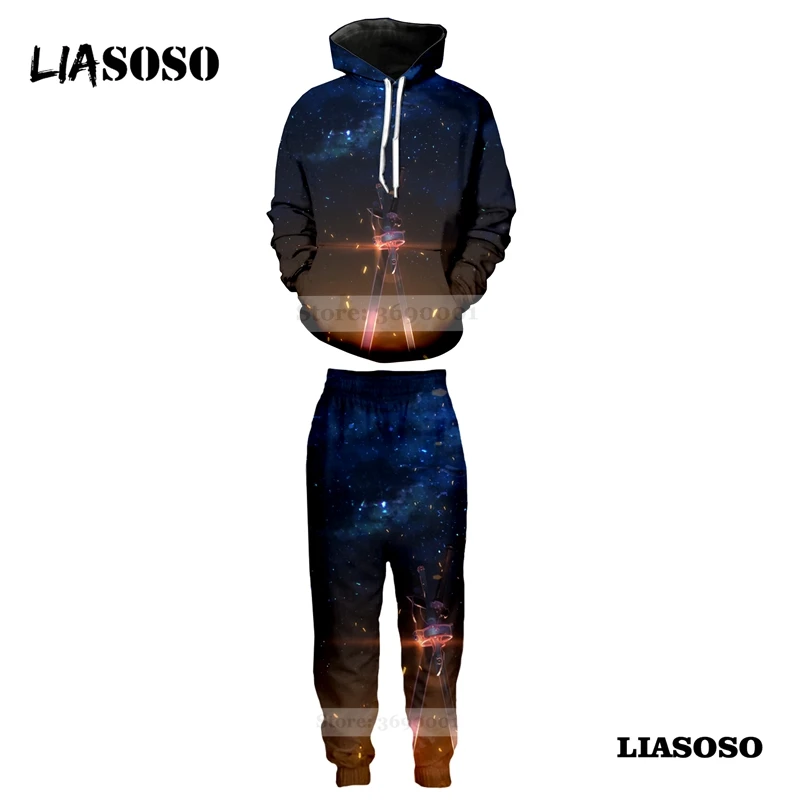 LIASOSO Harajuku/толстовка с капюшоном; комплект с толстовкой; брюки с 3D принтом; унисекс; аниме; меч; искусство онлайн; для любителей бега; спортивные штаны; A674