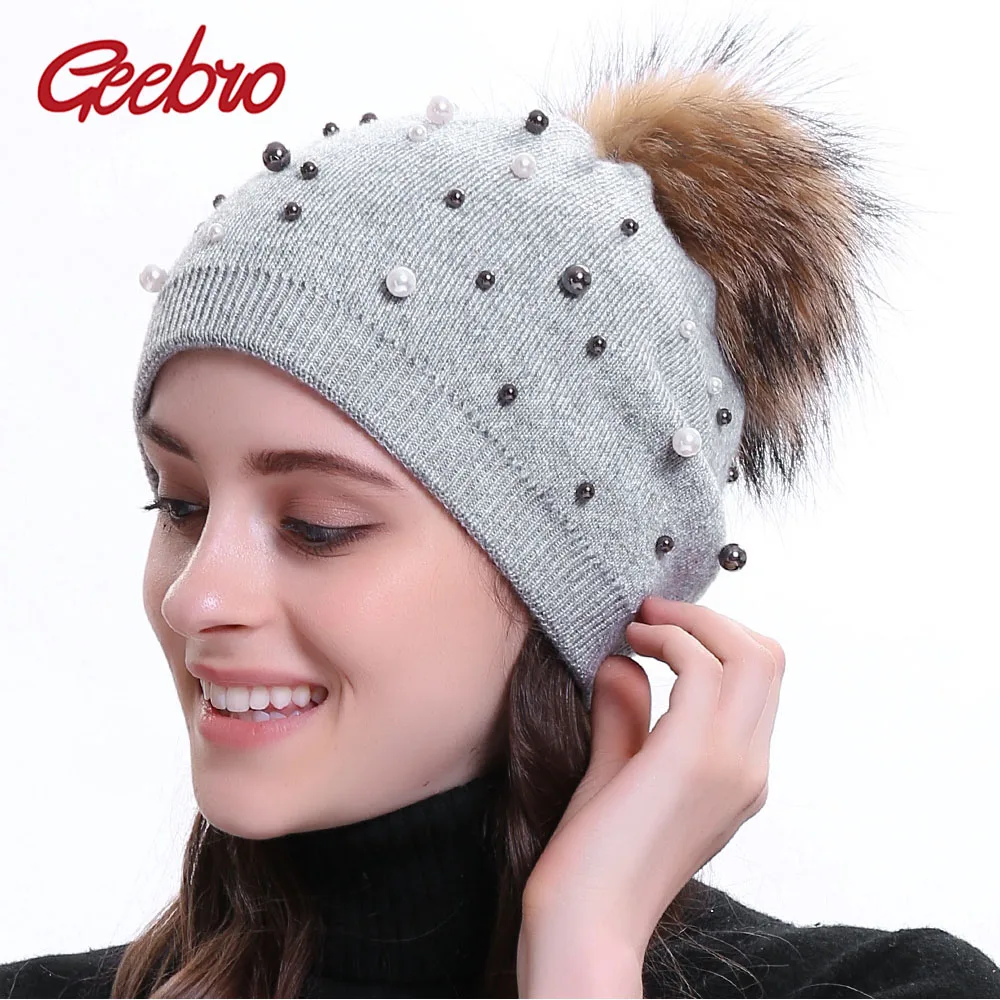 

Geebro Women's Beanie Hat Winter Cashmere Knitted Pearl Slouchy Beanie With Raccoon Pompom for Female Wool Double Layer Skullies