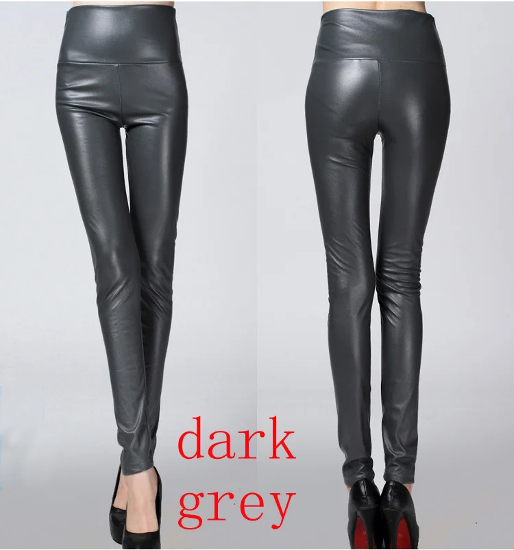 dark grey Утепленные зимние женские брюки из искусственной кожи с высокой талией, эластичные флисовые Стрейчевые узкие женские брюки-карандаш, обтягивающие брюки, 25 цветов - Цвет: dark grey