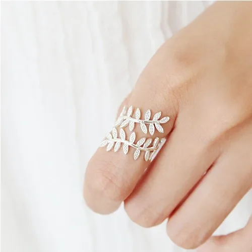 

Real 925 Sterling Silver Leaf Crystal Rings for Women Lady Fashion Wedding Rings Adjustable Ring