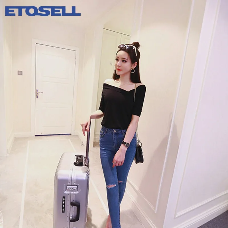ETOSELL 2018 летние модные женские туфли блузка Oblique плеча v-образным вырезом Тонкий