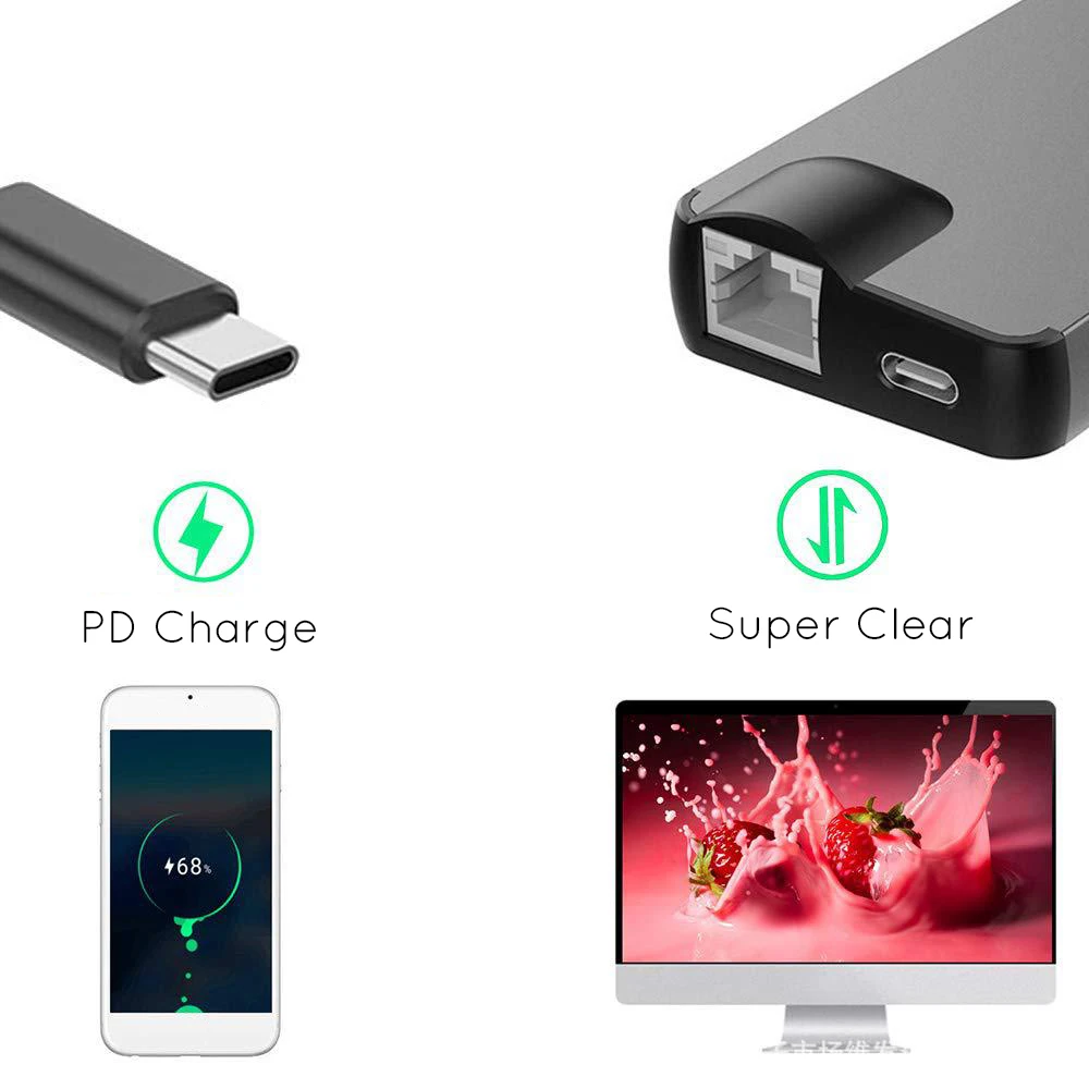 8 в 1 type C-2USB SD Micro SD LAN VGA HDMI USBC адаптер концентратор Расширение PD зарядная док-станция 1000 Мбит/с Rj45 OTG дисплей для Macbook PC