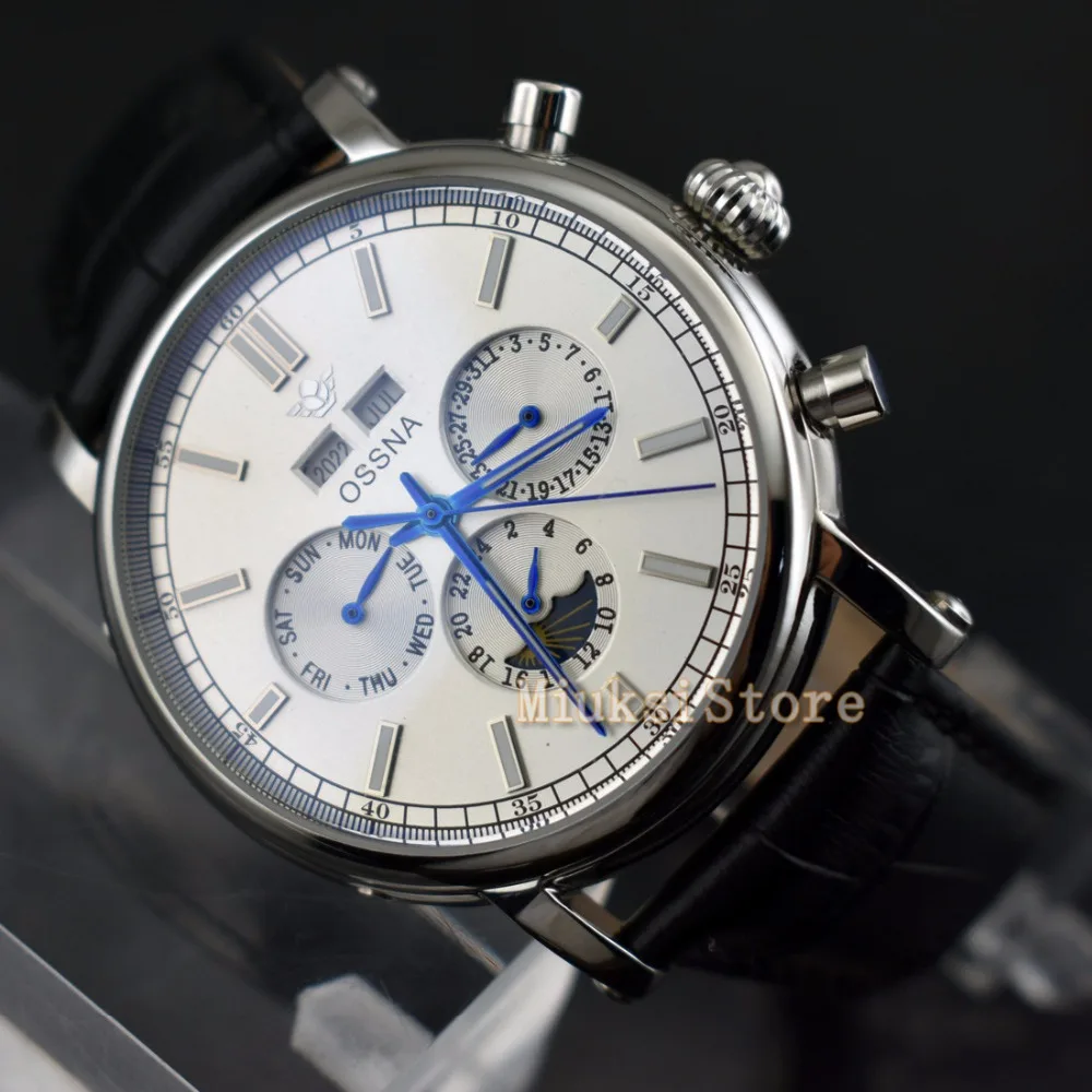Luxury Fashion Brand OSSNA 42mm Silver White Automatic Date and Day Classic Leather Men's Machinery Watch Gift | Наручные часы