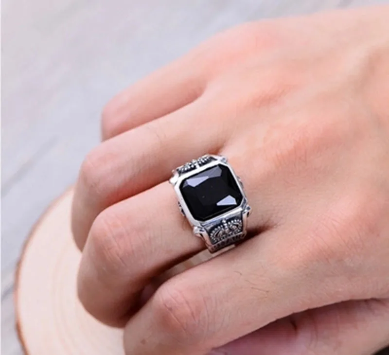 Настоящие 925 пробы, серебряные, черные Ониксовые кольца для мужчин, Ретро стиль, корона с гексаграммой, выгравированный квадратный натуральный камень, ювелирное изделие