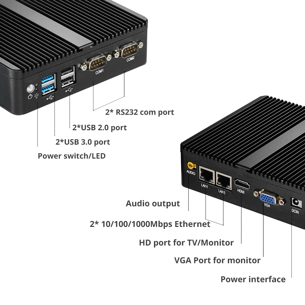 Мини ПК без вентилятора Intel Celeron J1900 J1800 Windows 10 Linux 2 гигабитных LAN порта RS232 4 USB 300