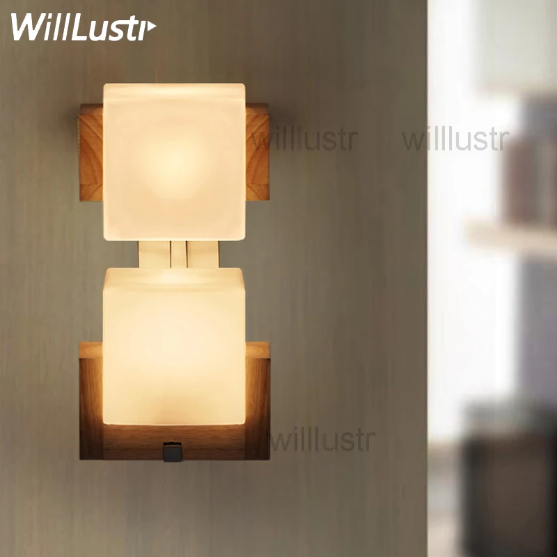 

Willlustr Cubi Wall sconce cubic design Modern light hotel restaurant doorway porch vanity lighting novelty glass Lamp wood base