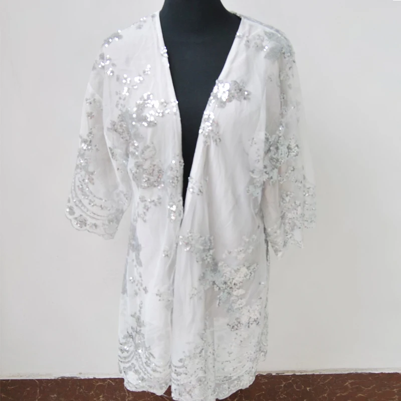 SESOAF 2018 Women New Chic Fashion Silver Sequined Cardigan Emboodery Kimono Casual beach Blouse Long Drop Shipping |