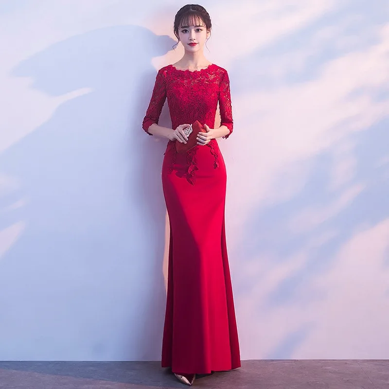 DongCMY Новые Длинные Формальные бордовые кружевные вечерние Платья Vestidos Русалка халат de soiree элегантное платье