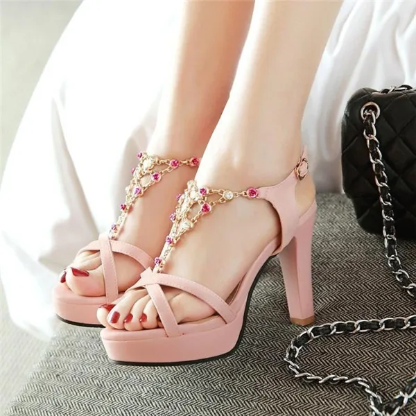 10 cm High Heel Open Toe Platform Crystal White Shoes Thick Heels Pink Women Sandals | Обувь