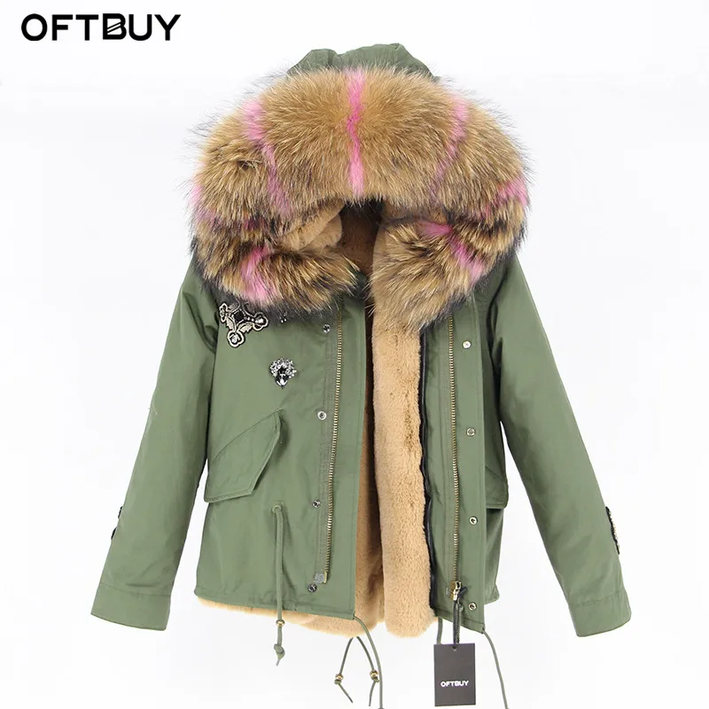 OFTBUY парка с вышивкой бриллиантами цвета хаки, зеленая зимняя куртка, пальто, женские парки, пальто с натуральным мехом енота, воротник теплый - Цвет: 14