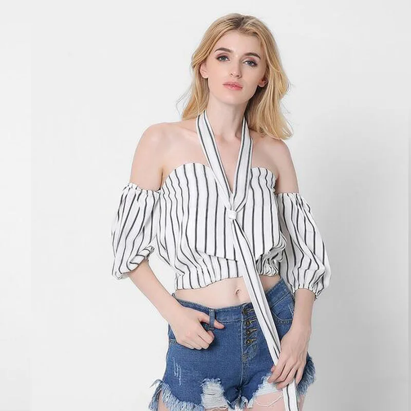 FIONTO сексуальные летние женские короткие топы полосатая короткий рукав Черный