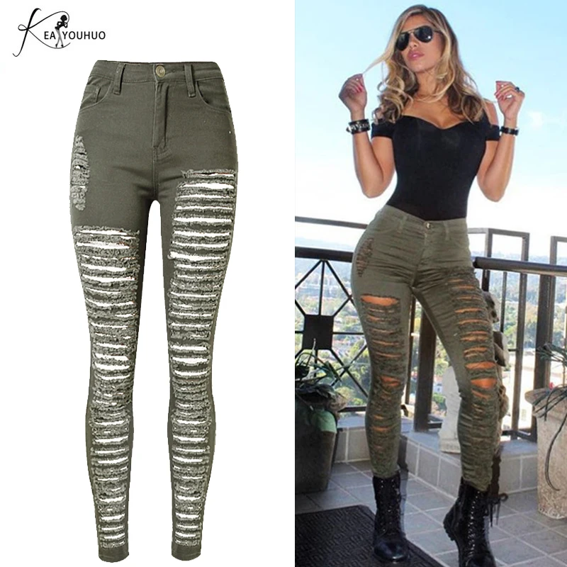 2020 Winter High Waist Ripped Jeans Denim Green Army Military Boyfriend For Womens Lady Skinny Jean Camouflage Pants | Женская одежда