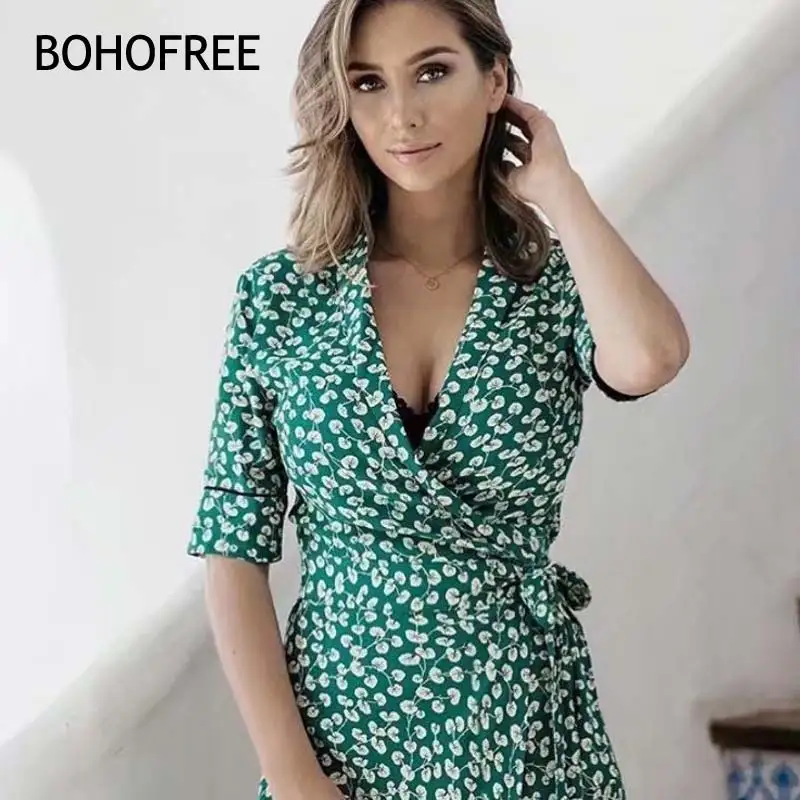 Женское платье с цветочным принтом BOHOFREE длинное кимоно бантом и поясом весеннее v