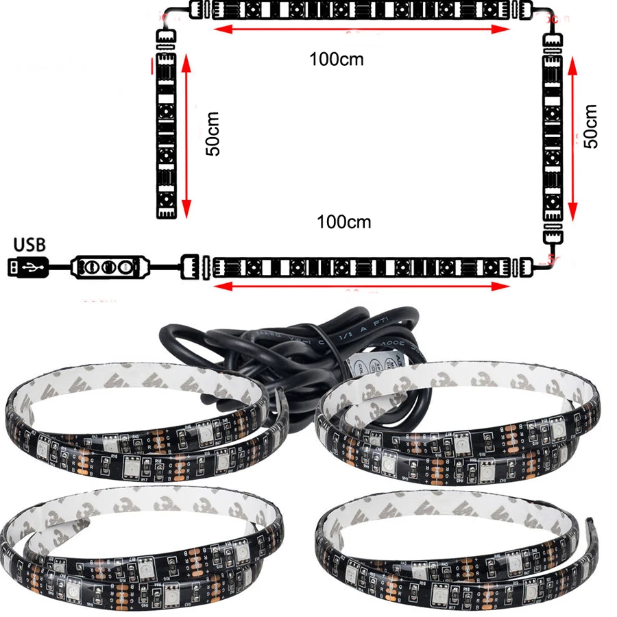 Светодиодный светильник на заднюю панель для телевизора 2x50 см + 2x100 USB RGB