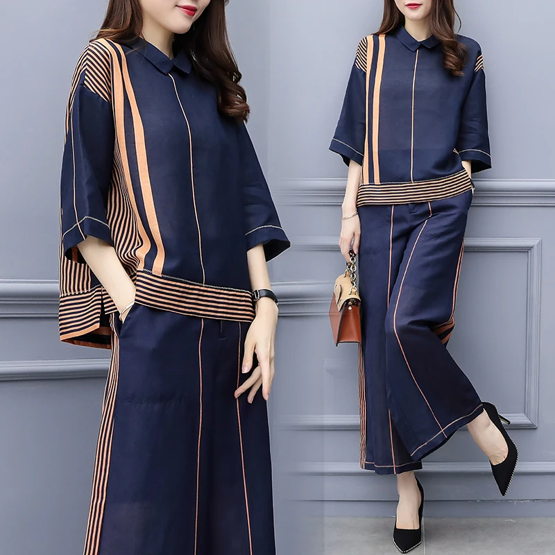 Стильный Conjunto Feminino летний женский костюм полосатый сшитый Женский костюм комплект из двух предметов Ensemble Femme Deux Pieces