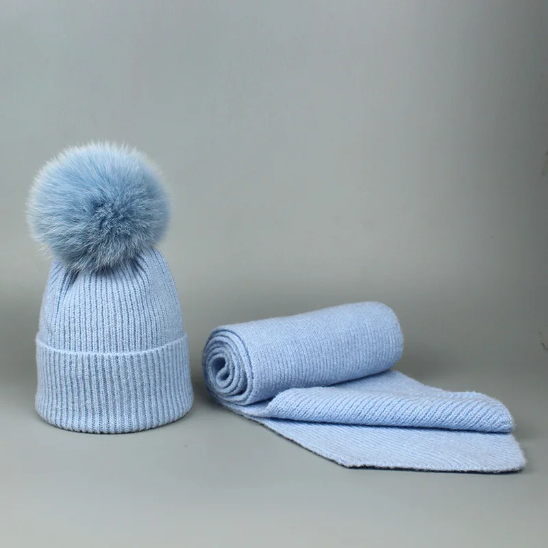 H Для девочек Pom Beanie теплая вязаная Bobble меховым помпоном шапка и шарф комплект натуральным лисьим мехом помпоном зимняя шапка skullies - Цвет: H