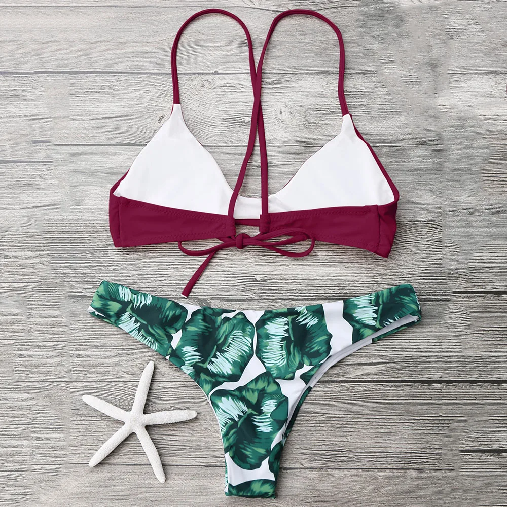 ZAFUL купальники Cami Bralette пальмовый лист бикини набор купальный костюм Спагетти