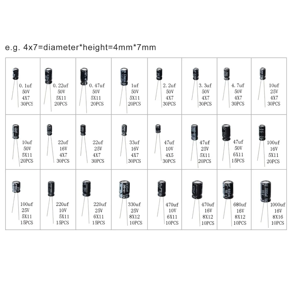 PROSTER Newest High Quality 15values 200pcs Electrolytic Capacitor Organization Storage 0.1-220uF Capacitors Assortment Box Kit |