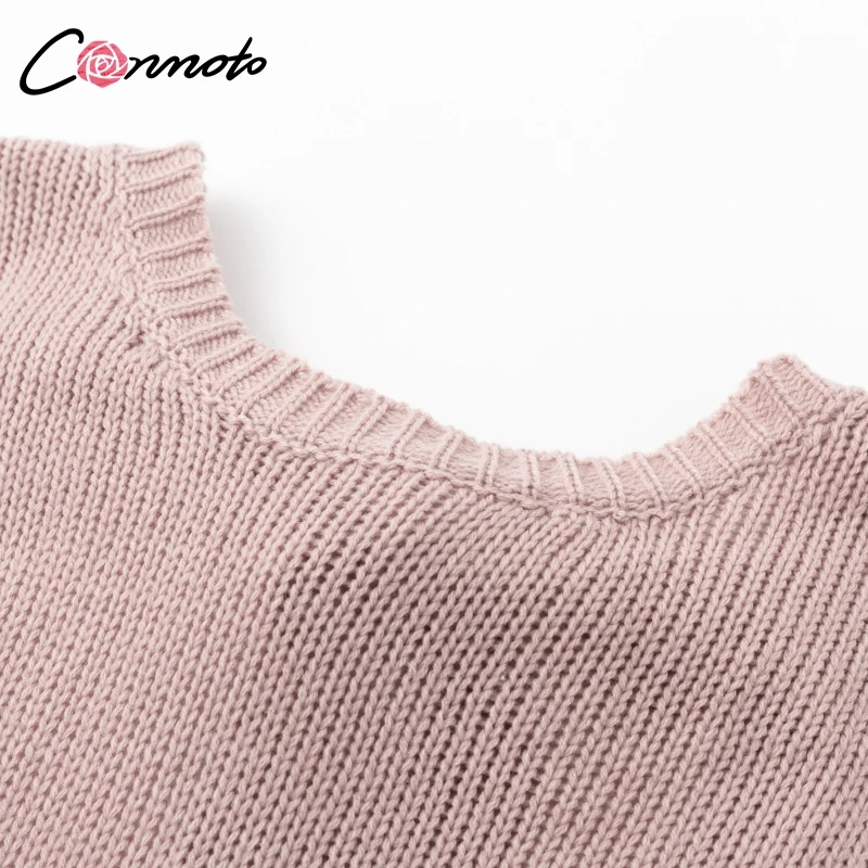 Conmoto Autumn Winter Backless Bow Sweater Women Loose Pullovers Knitted Sweaters Pink Casual Sexy Knitwear Jumpers Plus Size | Женская