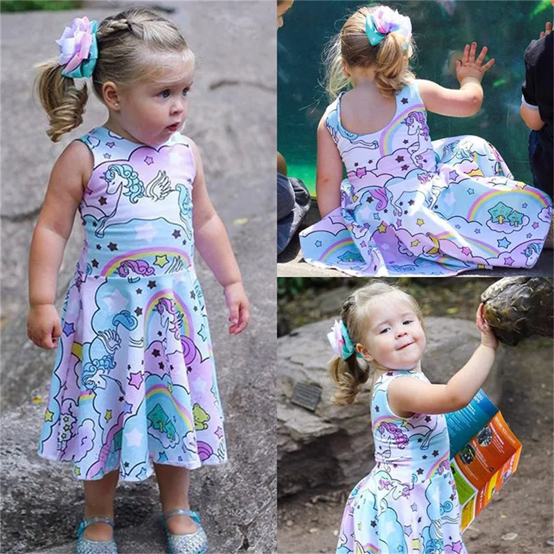 2018 летнее платье для девочек с принтом единорога Vestidos Пляжное платья принцессы