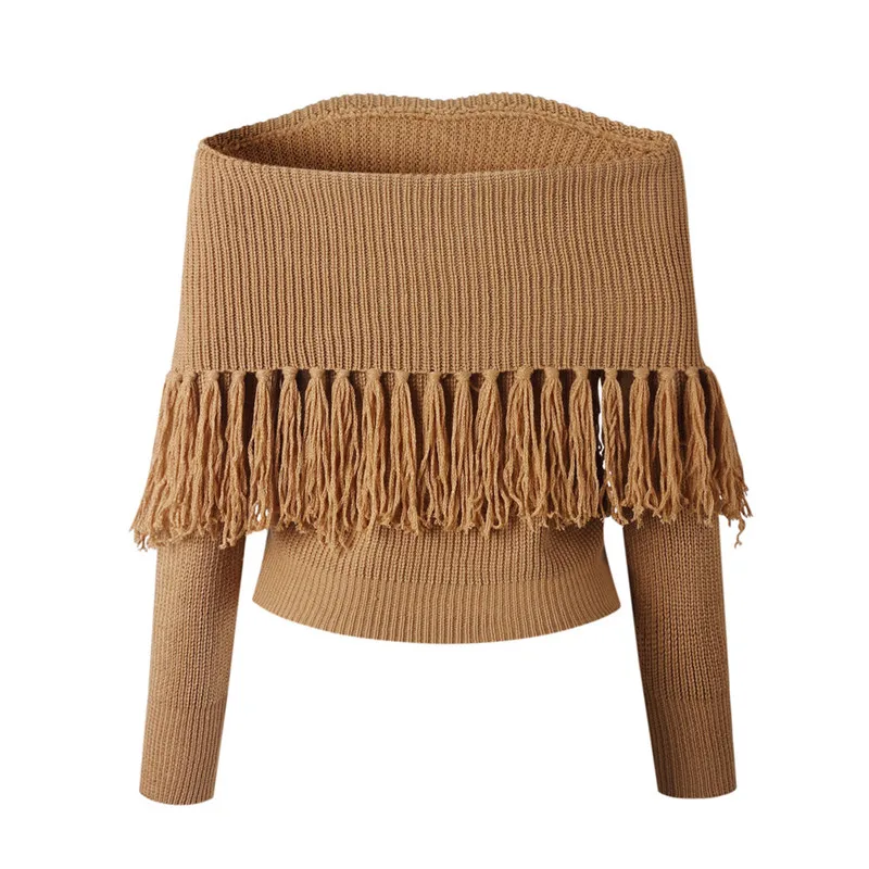 Для женщин Твердые длинным рукавом кисточкой трикотажные Slash шеи свитер без