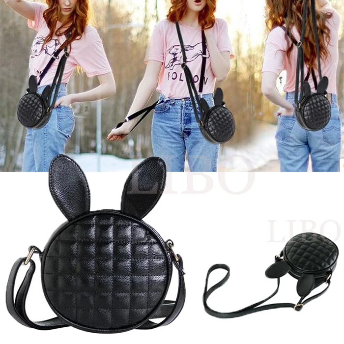 

2016 fashion new women Rabbit Ear cartoon mini Bag Zipper Solid plaid Shoulder messenger Bag girl circle clutch tote handbag