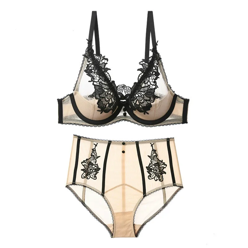 

Sexy Floral Lace Bra Set Women Mesh Transparent Unlined Lingerie Bralette Push Up Intimates Deep V Neck Underwear Briefs Set