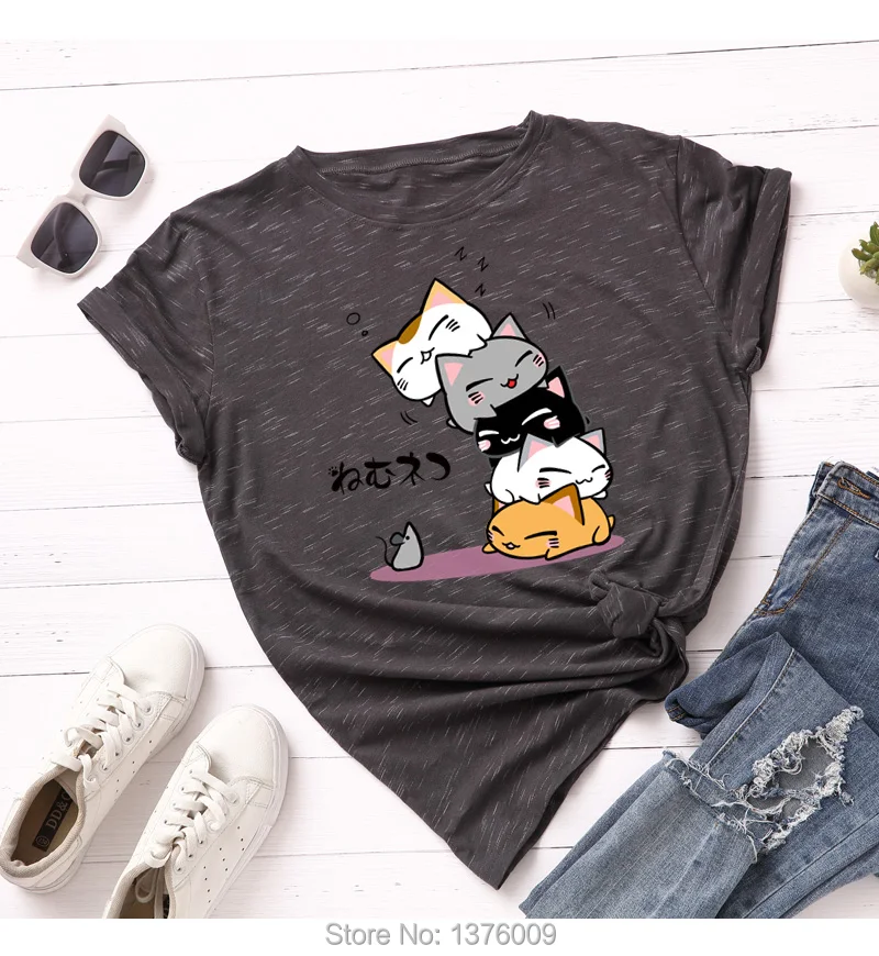 Летняя футболка с японскими играми женская футболка с котом Neko Atsume повседневные топы в стиле Харадзюку для школьниц Shein Mujer Tee S-5XL - Цвет: Темно-серый