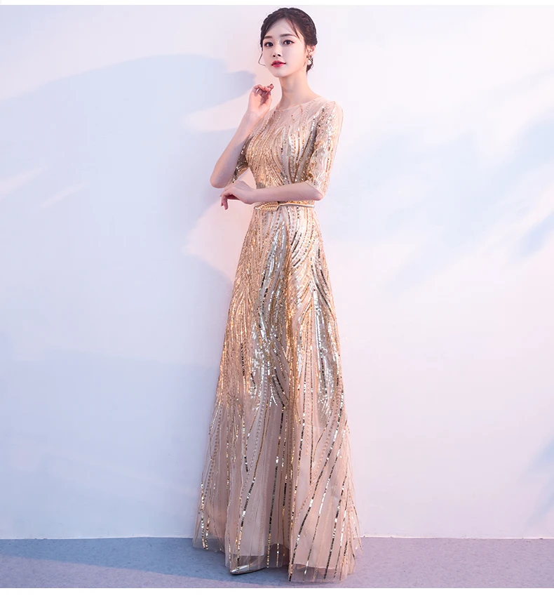 Luxury Evening Dresses Long Fashion Gorgeous Gold Shiny Bead Piece Evening Dress Party Elegant A-line Robe De Soiree ES2611