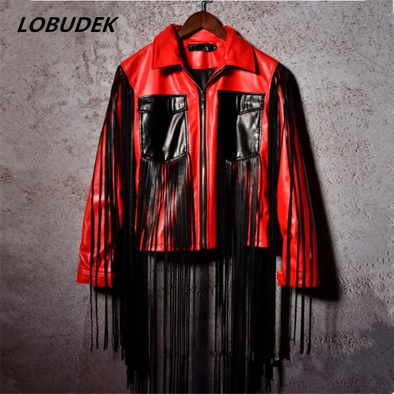 black red Искусственная Кожа Мужская куртка Пальто ночной клуб бар DJ DS сценические костюмы Красный Черный кисточки кожаная верхняя одежда Блейзер Рок Джаз шоу одежда - Color: black red