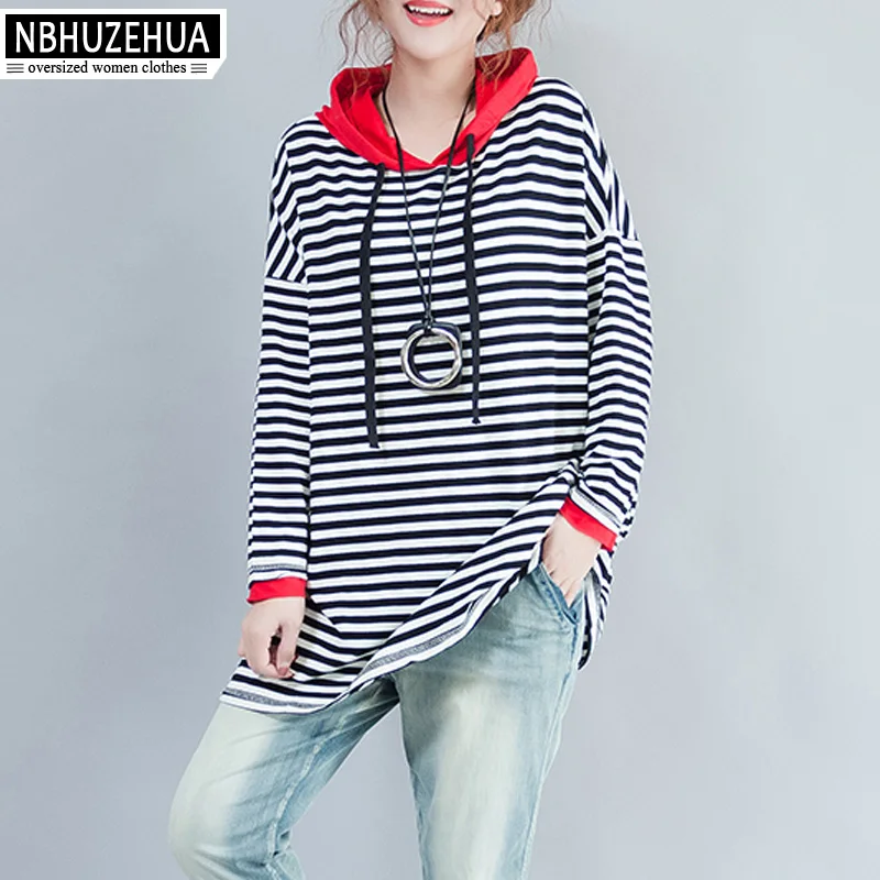 Nbhuzehua T882 4XL 5XL 6XL Для женщин футболка в полоску корейская мода с капюшоном Длинные