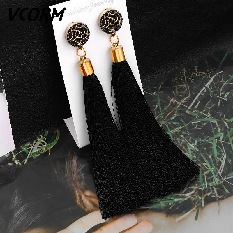 Black 3 VCORM, богемные серьги с кисточками и кристаллами, длинные висячие серьги для женщин, красный хлопок, шелк, ткань, бахрома, серьги, Модные женские ювелирные изделия - Окраска металла: Black 3