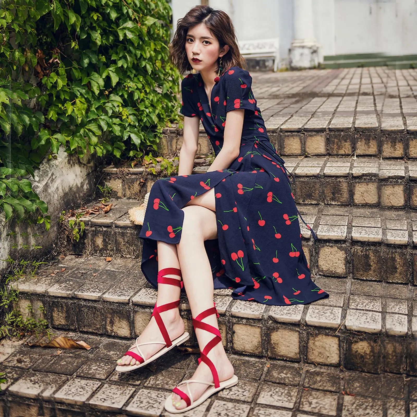 Элегантное женское летнее платье с v-образным вырезом высокая талия цветочный