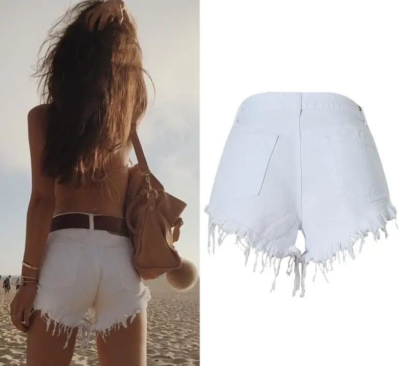 2018 Для женщин Нерегулярные рваные Джинсовые шорты Высокая Талия Femme тонкий белый