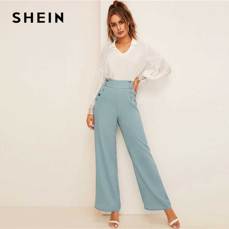 Женские широкие брюки SHEIN однотонные синие винтажные свободные с эластичной