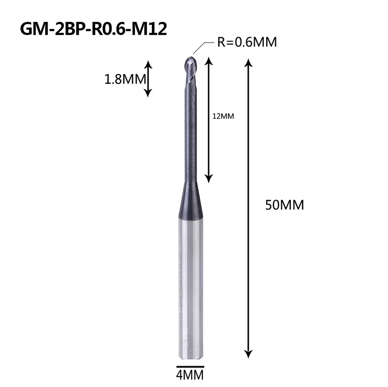 GM-2BP R0.25-0.75, Вольфрамовая сталь, 2 флейты, круглый нос, длинная шея, короткая режущая кромка, с покрытием, Концевая фреза с ЧПУ, фреза, режущие инструменты - Длина режущей кромки: GM-2BP-R0.6-M12
