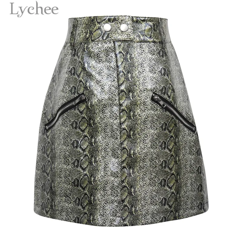 Модная женская юбка Lychee из змеиной кожи мини на молнии с высокой талией
