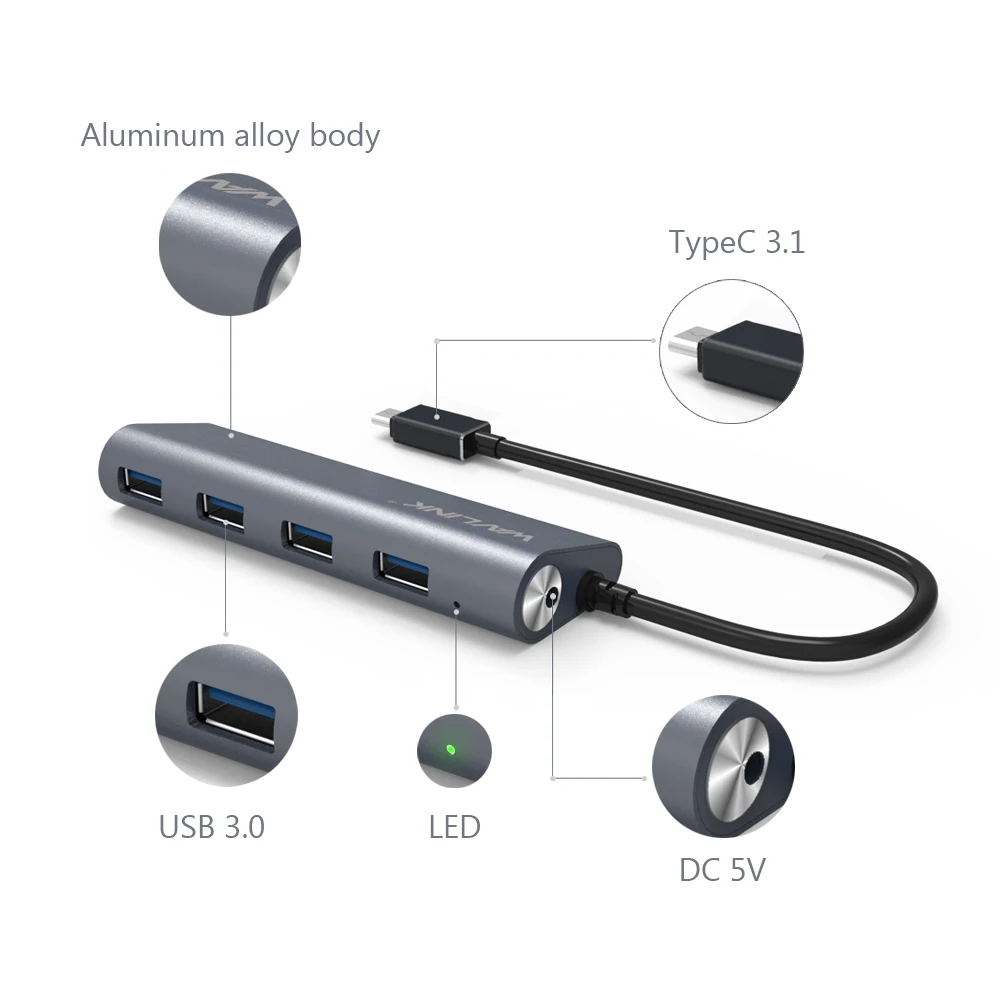 Wavlink usb-хаб 3,1 Тип с 4-портовый USB 3,0 концентратор Тип C Алюминий Slef-концентратор для студийной съемки с изображением Функция док-станция для Windows и Mac OS жил