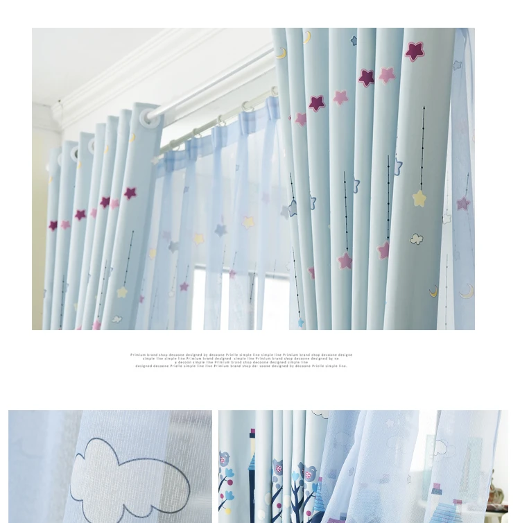 Cartoon Tree Castle Printed Window Curtains for Children Kids Bedroom Living Room Sheer Window Drapes Blue Color