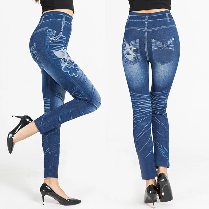 Women Jeans Pencil Pants Stretch High Waist Skinny Embroidery Without Ripped Woman Floral Holes Denim Trousers |